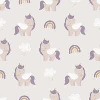 Seamless pattern with magic unicorn. For kids design, fabric, wrapping, cards, textile, wallpaper, apparel. Isolated vector cartoon illustration in flat style.