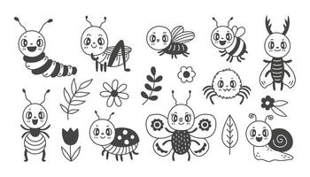 Cute insect characters set with leaves and flowers in doodle style vector