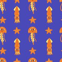 Underwater seamless pattern with cute jellyfish squid starfish vector