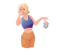 Young woman, mother holding a smelly used baby diaper, pinching her nose with her hand in disgust. Vector isolated cartoon illustration.