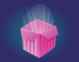 Pink striped open gift box with a glowing surprise inside. Vector isolated cartoon illustration of a present for Valentine's day or other holiday.