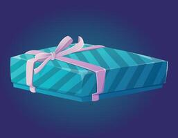 Blue striped gift box with bow. Vector isolated cartoon present for a birthday, anniversary or other holiday.