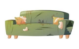 Broken, torn and dirty home green sofa. Damaged furniture for the interior of the living room. Vector isolated cartoon illustration.