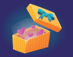 Yellow gift box with a bow, open lid, shine and hearts inside. Vector isolated cartoon present for lover for valentines day.