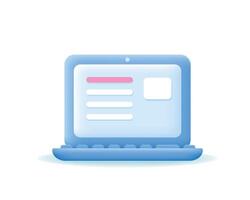 3d laptop icon. Education, business, online sale concept. Computer screen with document. Vector illustration isolated on white background.