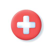 Red circle button with white plus. First aid, Health care, emergency help icon. 3d realistic vector illustration on white background.