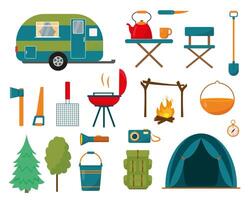 Camping set on white background. Collection of elements or icons for summer camping concept design. Vector illustration.