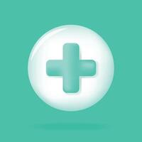 Circle button with green medical cross or plus sign. First aid, Health care, emergency help icon. 3d realistic vector illustration on white background.