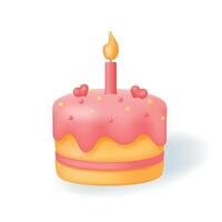 Birthday Cake icon with berry cream, Candle and sweet hearts. Design Element for holiday or Party Invitation, Congratulation. Vector illustration isolated on white background.