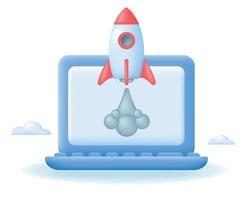 Laptop with Flying space rocket. Successful Business startup or new project concept. 3d Vector illustration.