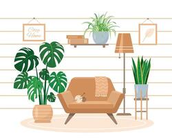 Cozy living room interior in trendy Scandic hygge style. Modern house or apartment with homeplants and furniture. Flat or cartoon vector illustration.