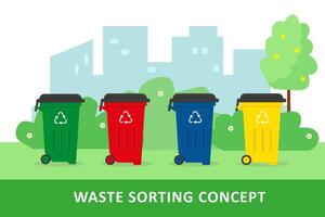 Waste sorting and recycling concept. City landscape and containers with waste. Vector illustration.