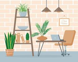 acogedor oficina espacio interior con trabajo lugar, computadora, plantas de casa y mueble. moderno casa o Departamento en de moda escandinavo higge estilo. plano o dibujos animados vector ilustración.