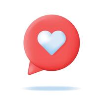 3d red Chat bubble with white heart. Love message, like notification, network client communication element. Social media bubble on white background. Vector illustration.