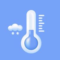 3D Thermometer measuring cold. Frosty snowy weather sign. Meteorological thermometer icon. Measure temperature, forecast, climate and meteorology concept. Vector illustration on blue background.