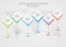 infografía 6 6 año cronograma blanco cuadrado negocio planificación modelo texto mensaje encima el gris icono abajo el circulo con un línea abajo tiene el año número mapa detrás un gris degradado antecedentes. vector