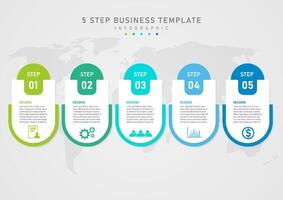 Infographic 5 step business template multicolored semicircle bottom white curved square top The bottom middle letter has multi-colored icons. The top circle has numbers, the bottom has a map. vector