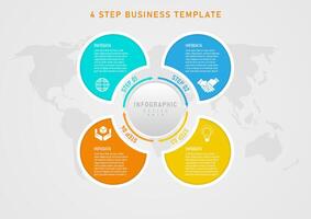 Infographic template 4 business steps Multi-colored circles and a white border in the middle contain letters and icons. Center button placed The outer arrow line text below has a map. vector