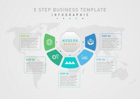 Simple template infographic 5 step business hexagon centered multi-colored square with white icon in center square frame and lettering text. Outer map bottom gray gradient background vector