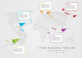 Infographics 5 year timeline template, dotted lines with multi-colored paper airplane above. A square with white text in the middle and the year number with a multi-colored map icon below. vector