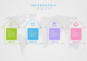 Infographic template with simple 4 steps business Multi-colored lines and arrows The multi-colored text square in the top center has multi-colored icons below with a gray gradient background map. vector