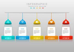 3D infographic template with 5 options The multi-colored lamp has a white icon in the center with multi-colored light. Below multi-colored podium with reflection, white square in center with text. vector