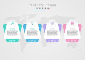 Infographic template 4 business steps Multi-colored pastel squares white square Above the text in the center of the hexagon above there is an icon in the center of the background with a map. vector