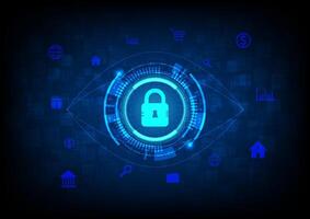 Abstract Technology Background Security system by scanning eyes to enter Big data and internet has tech circles in the center with glowing keys icons scattered around a blue gradient background. vector