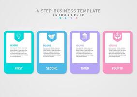 Infographic 4 step business template, multi-colored pastel squares in the middle of a white square. The upper center letter has a white icon on a pointed square on a gray gradient background. vector