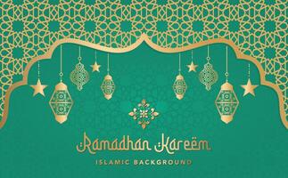 Peaceful Golden Green Arabic Islamic Ramadan Background with Lanterns and Stars vector