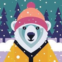 A white polar bear is wearing a jacket and a hat. Vector illustration in geometric style. Design element for posters, prints for clothing, banners, covers, websites, social networks, logo