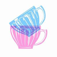 Coffee or tee cups. Colorful cute screen printing effect. Riso print effect. Vector illustration. Graphic element  for fabric, textile, clothing, wrapping paper, wallpaper, poster.