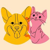 Dog and cat. Avatar, badge, poster, logo templates, print. Vector illustration in a minimalist style  with Riso print effect. Flat cartoon style