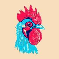 Head of a rooster. Colorful cute screen printing effect. Riso print effect. Vector illustration. Graphic element  for fabric, textile, clothing, wrapping paper, wallpaper