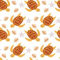 Sea turtle seamless pattern. Trendy turtle pattern with sea shells for wrapping paper, wallpaper, stickers, notebook cover. vector