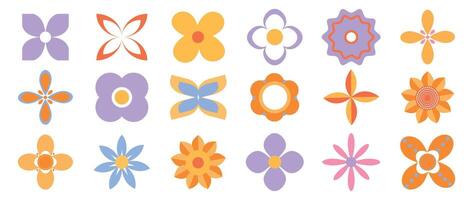 Set of abstract vector retro geometric daisy shapes. Collection of modern figures, flowers, plants, snowflakes. Memphis design element suitable for design of banners, prints, stickers, decoration.