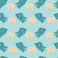 Marine seamless pattern, hand drawn sea shells. Summer background. Vector set for design in sea beach style. Blue exotic underwater. Fashionable pattern for wrapping paper, wallpaper, stickers