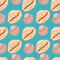 Sea shells on blue background seamless pattern. Fashionable pattern of shells and oysters for wrapping paper, wallpaper, stickers, notebook cover. vector