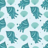 Sea blue shells seamless pattern. Fashionable stylish pattern of different seashells for wrapping paper, wallpaper, stickers, notebook cover and other designs. vector