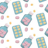 A pattern of pills in a jar and a blister. Seamless pattern with pills for treatment, vitamins. Vector pattern with a glass jar, a blister of tablets, scattered tablets on a white background