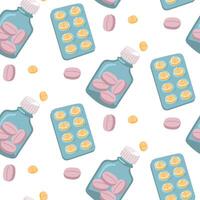 A pattern of pills in a jar and a blister. Seamless pattern with pills for treatment, vitamins. Vector pattern with a glass jar, a blister of tablets, scattered tablets on a white background