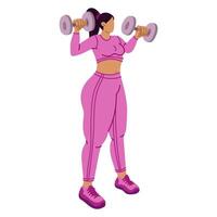 A full-bodied girl does sports with dumbbells. The girl is engaged in sports. Dynamic exercises. She does fitness in a tight purple tracksuit. Sports with exercise equipment. Women's training vector