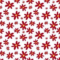 The pattern of spring flowers is red daisies. Colored daisies on a white background. Cute flower in different sizes. Seamless texture for printing on textiles and paper. Holiday vector