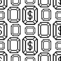 The pattern with the dollar sign in the diamond is pixelated. Pixel art black contour dollar coins retro video game. The small squares are drawn in a pattern. Isolated image vector