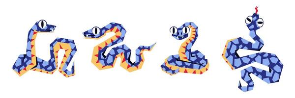 A set of snakes in 2025, blue in color and geometrically crawling in texture. Isolated sinuous snakes in different poses. Modern vector illustration in a flat style. The 2025 collection of snakes. one