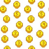 A coin pattern with numbers in yellow pixels. The number icon. Vector illustration. Pixel graphics. Circles with numbers. Retro yellow elements on a white background. Small gold squares in a group