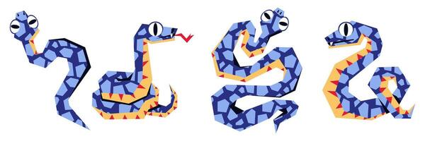 A set of snakes in 2025, blue in color and geometrically crawling in texture. Isolated sinuous snakes in different poses. Modern vector illustration in a flat style. The 2025 collection of snakes. two