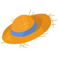 Paja sombrero en un blanco antecedentes con un azul cinta, aislado vector ilustración. un plano objeto para cubierta el cabeza. proteccion desde el Dom. el Paja palos fuera de el sombrero. dorado colores, natural