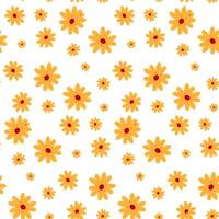 The pattern of spring flowers is yellow daisies. Colored daisies on a white background. Cute flower in different sizes. Seamless texture for printing on textiles and paper. Holiday vector