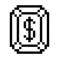 The dollar sign in the diamond is pixelated. Pixel art black contour dollar coins retro video game. The small squares are drawn in a pattern. Isolated image vector